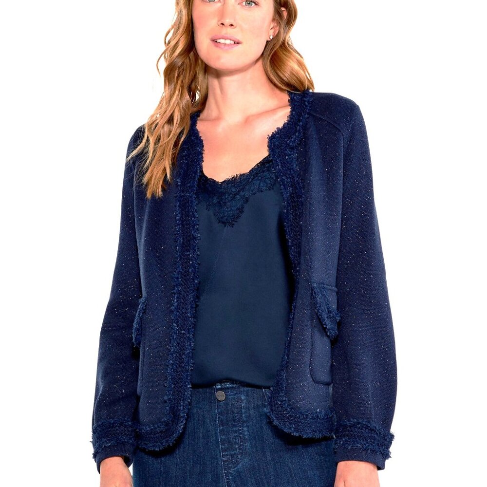NWT $198 NIC+ZOE Dark Indigo Blue Trimmings Fringe Knit Jacket M